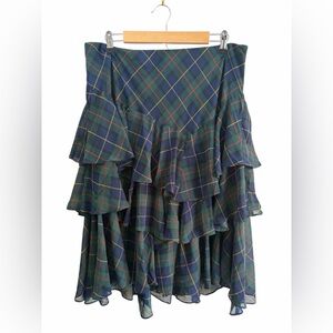 Lauren Ralph Lauren Scottish Plaid Ruffle Knee Length Skirt Size 14 Equestrian